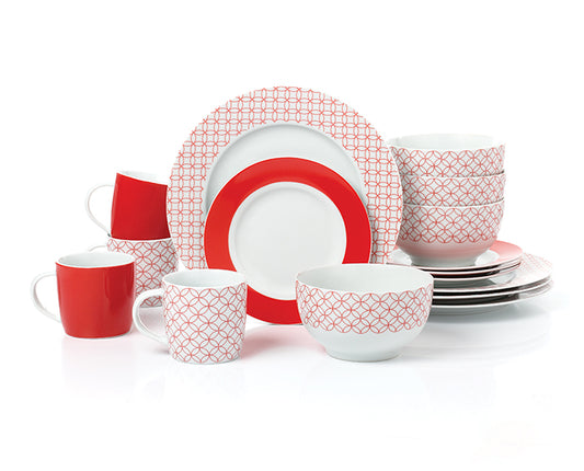 Red & White Geo Porcelain Dinnerware Set, 16 Pieces