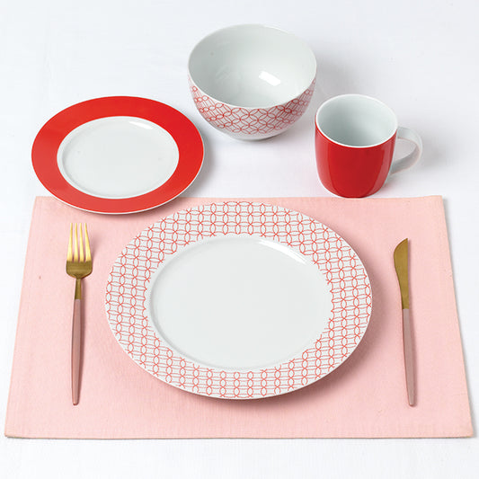 Red & White Geo Porcelain Dinnerware Set, 16 Pieces