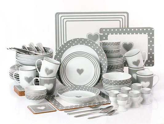 Grey Heart Combination Tableware Set; Porcelain, Placemats and Cutlery, 80 Pieces