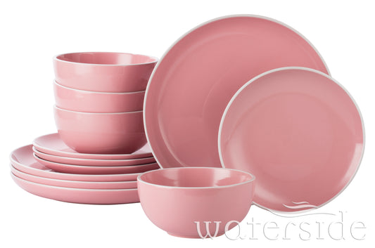 Waterside Bubble Gum Pink Stoneware Dinnerware Set, 12 Pieces