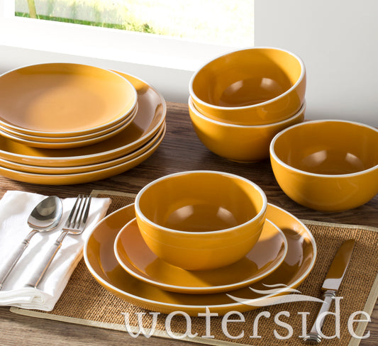 Waterside Saffron Yellow Stoneware Dinnerware Set, 12 Pieces