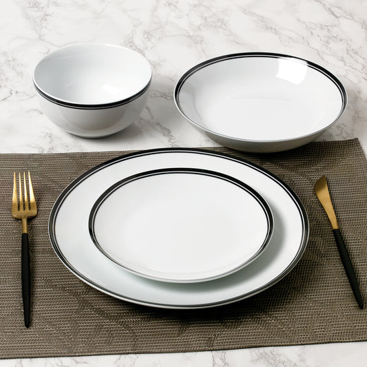 St Ives Stripe Porcelain Dinnerware Set - Black, 16 Pieces