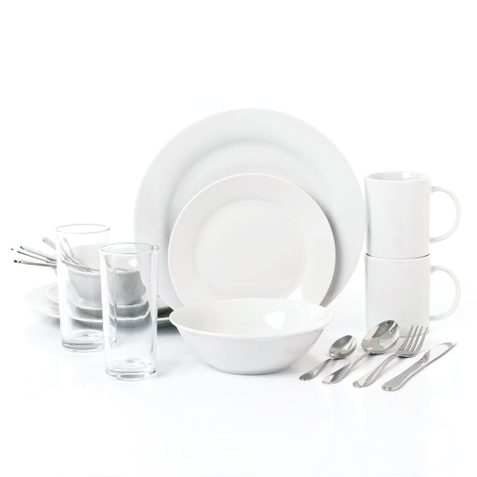Student Dinnerware Set; Porcelain, Glassware and Cutlery, 18 Pieces