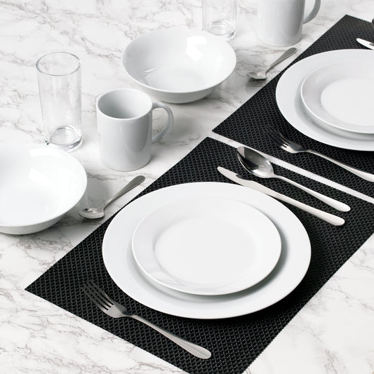 Student Dinnerware Set; Porcelain, Glassware and Cutlery, 18 Pieces