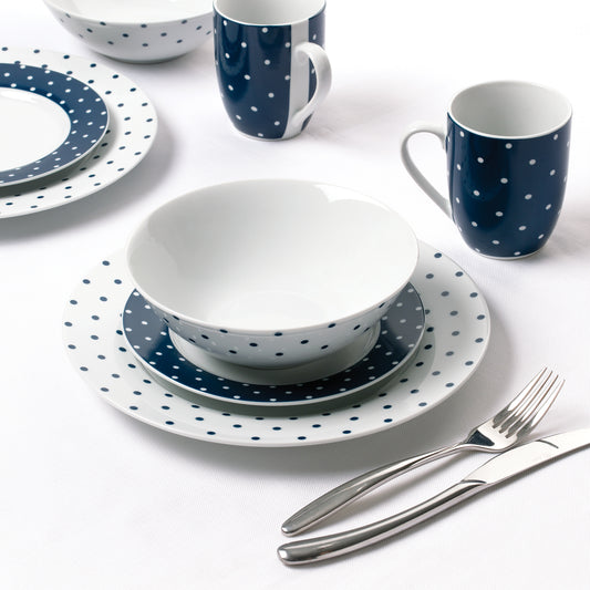 Blue & White Spot Porcelain Dinnerware Set, 24 Pieces