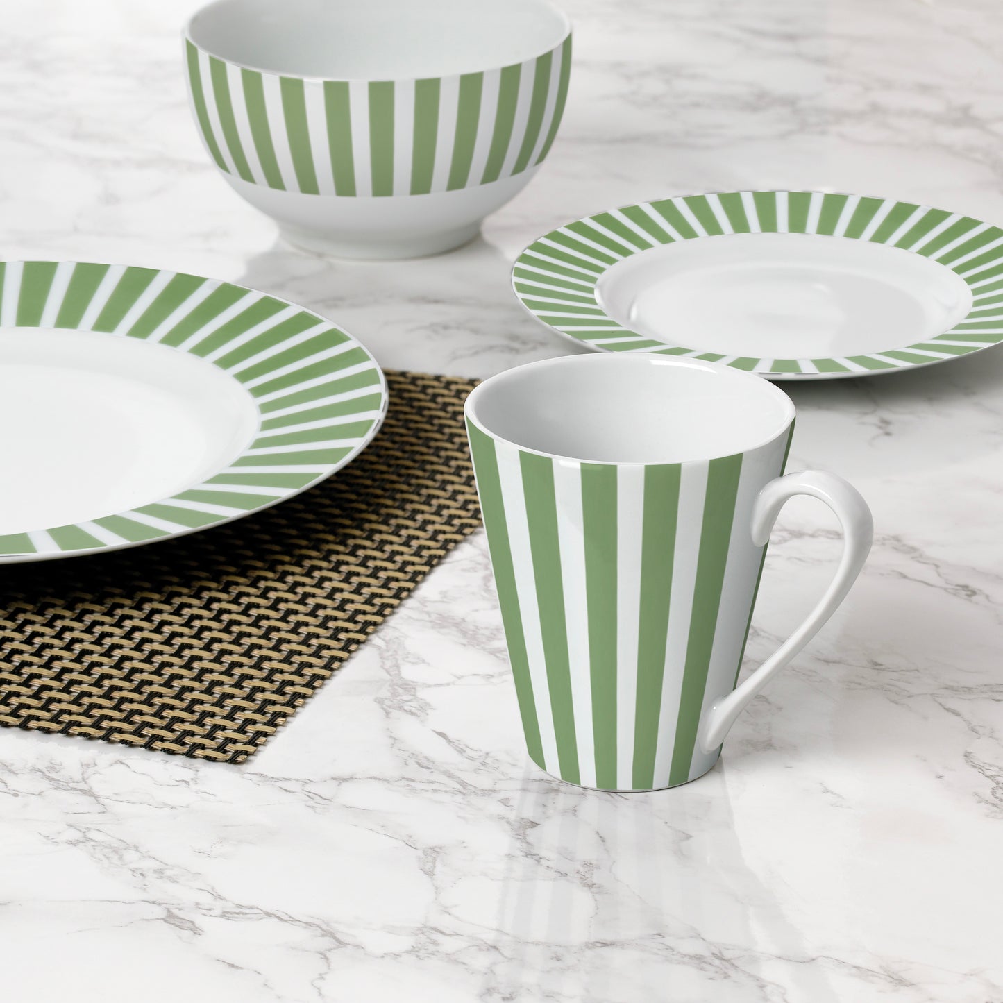 Green Split Stripe Porcelain Dinnerware Set, 24 Pieces