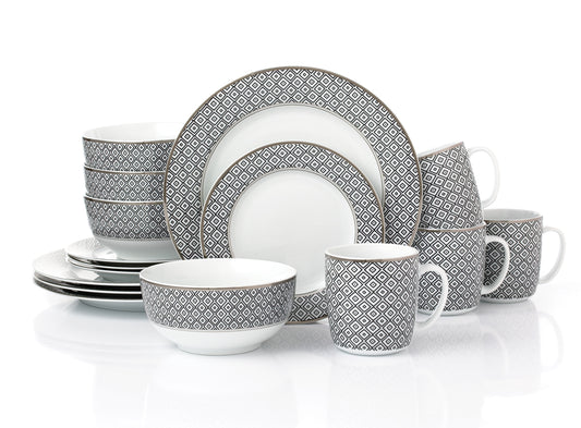 Black Diamond Silver Rim Porcelain Dinnerware Set, 16 Pieces