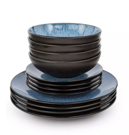 Blue Reactive Glaze Stoneware Dinnerware Set, 12 Pieces