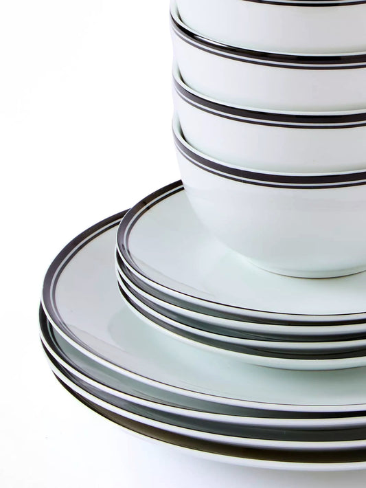 St Ives Stripe Porcelain Dinnerware Set - Black, 16 Pieces