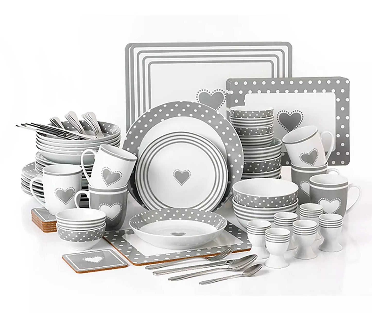 *** BLACK FRIDAY SPECIAL *** Grey Heart Combination Tableware Set; Porcelain, Placemats and Cutlery, 80 Pieces