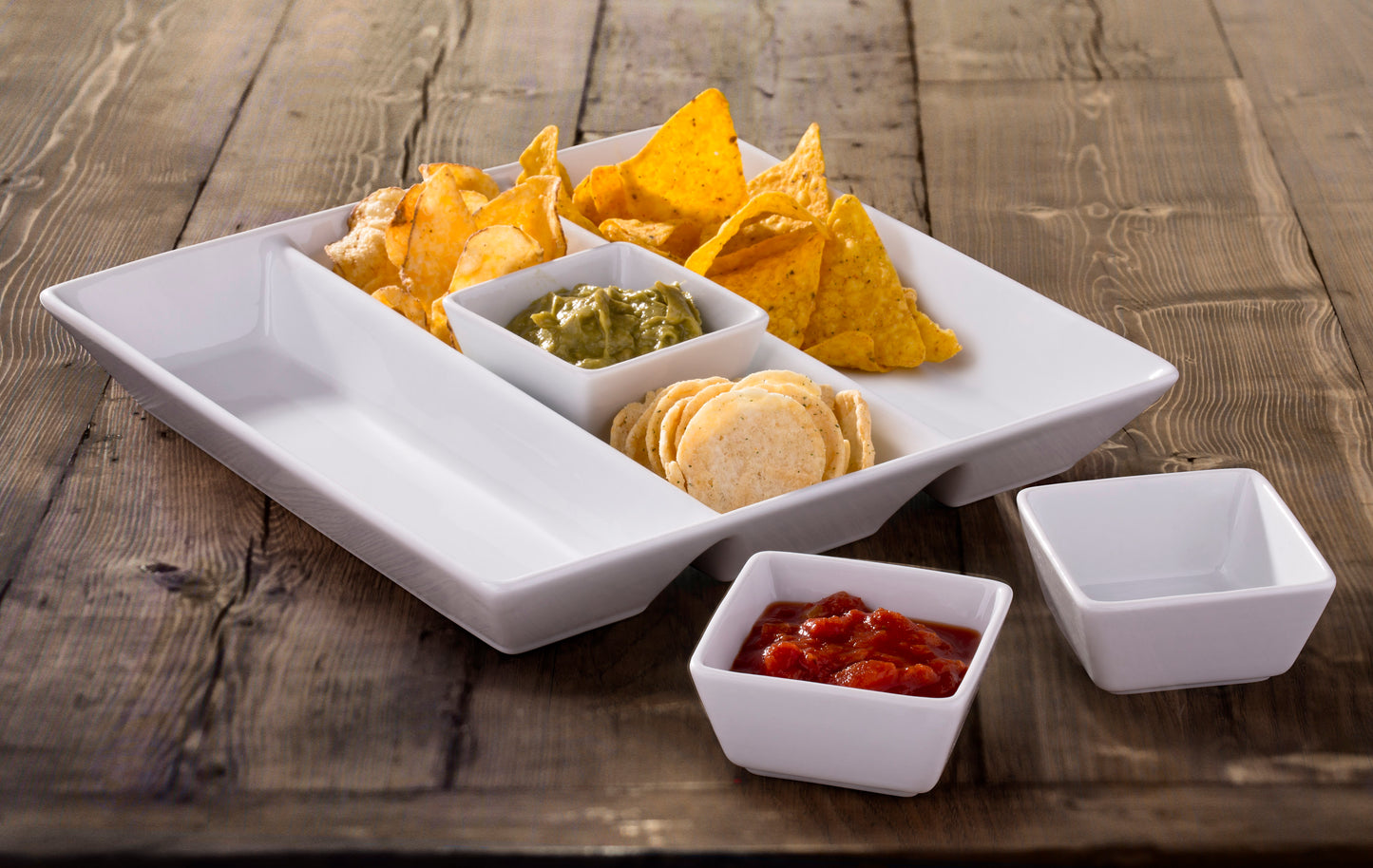 White Porcelain Chip and Dip Tray Set, 4 Pieces