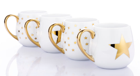 *** SPECIAL OFFER *** Shiny Gold Star Christmas Porcelain Hug Mugs, 4 Pieces