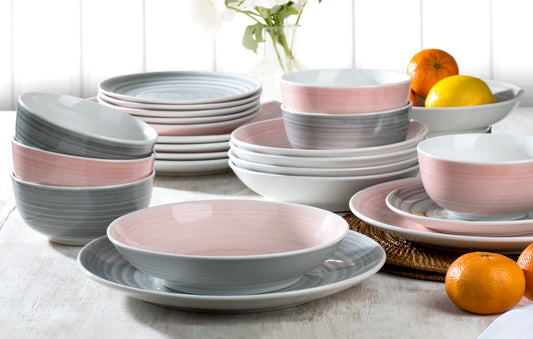 Spinwash Pink & Grey Porcelain Dinnerware Set, 24 Pieces