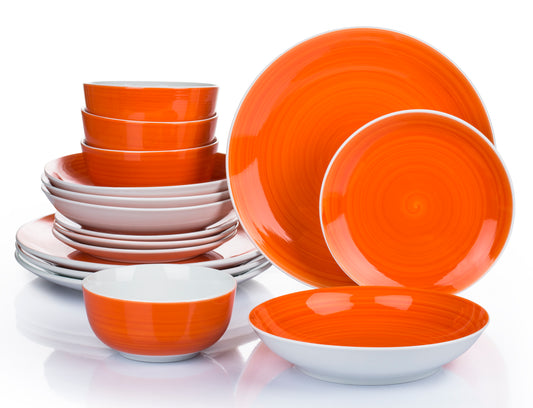 Flame Orange Porcelain Spin Wash Dinnerware Set, 16 Pieces