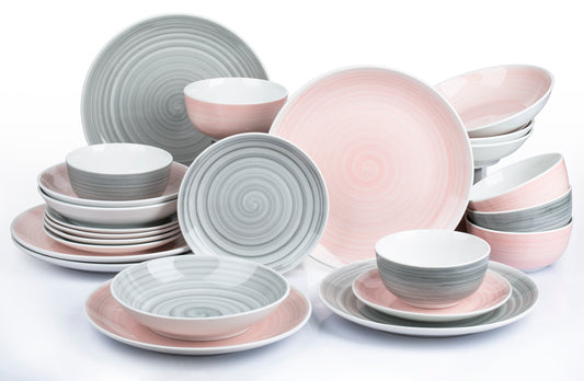 Spinwash Pink & Grey Porcelain Dinnerware Set, 24 Pieces
