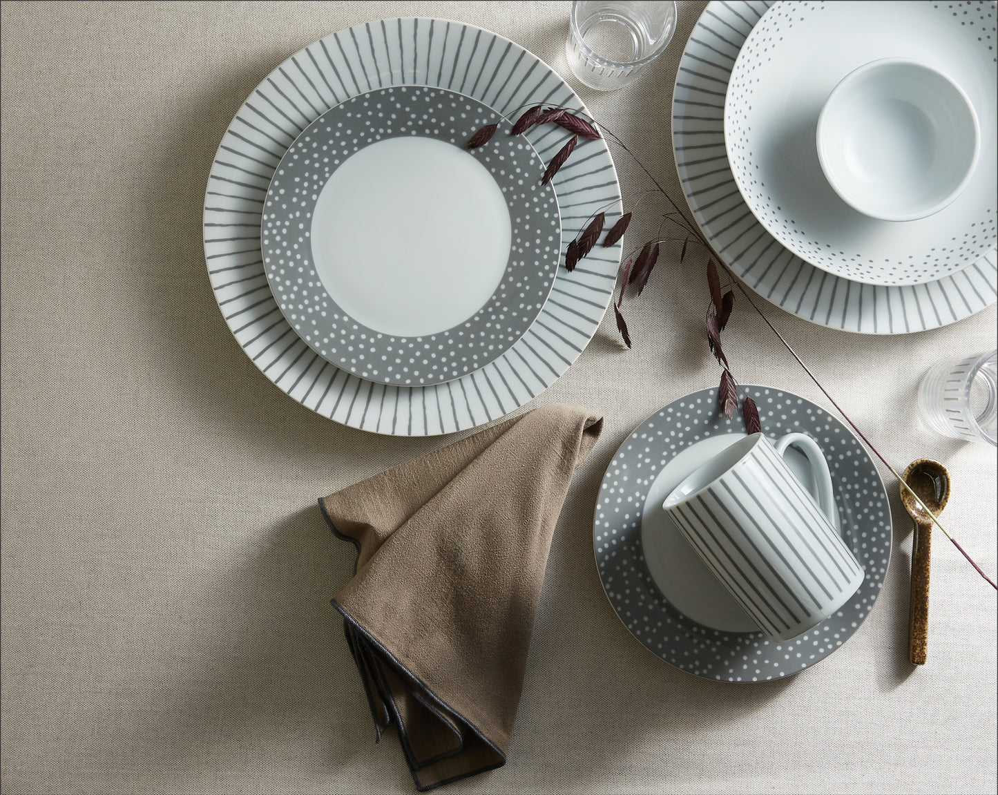 Grey Stripe Combination Tableware Set, Porcelain, Glassware & Cutlery, 36 Pieces