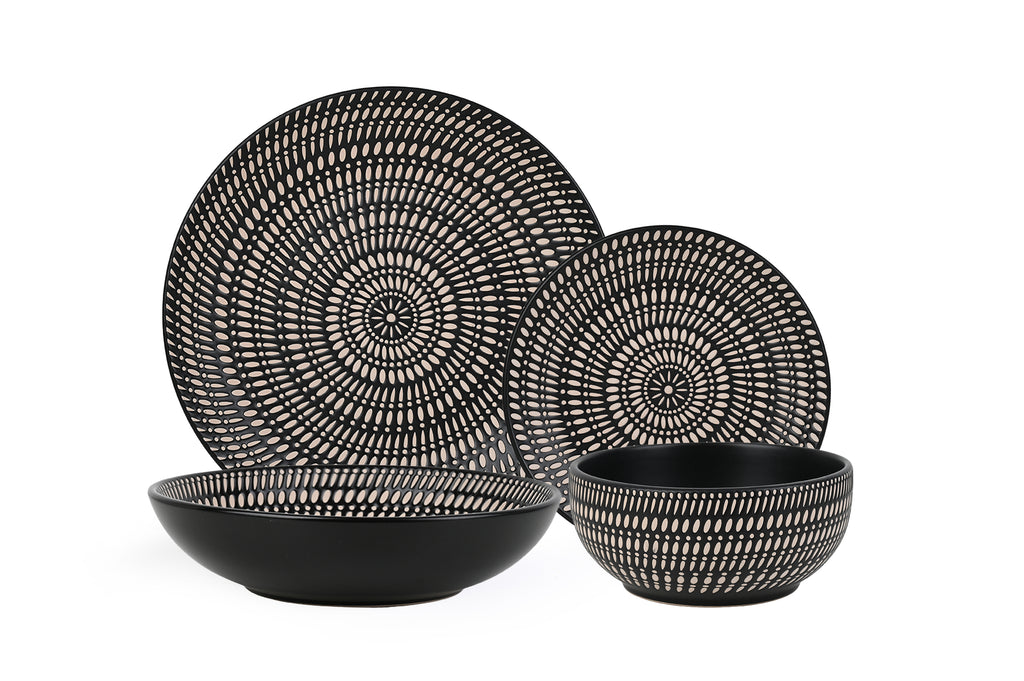 Waterside 16pc Black & Cream Dash Stoneware Dinner Set, 4 Dinner Plates, Side Plates, Deep Bowls and Soup Bowls