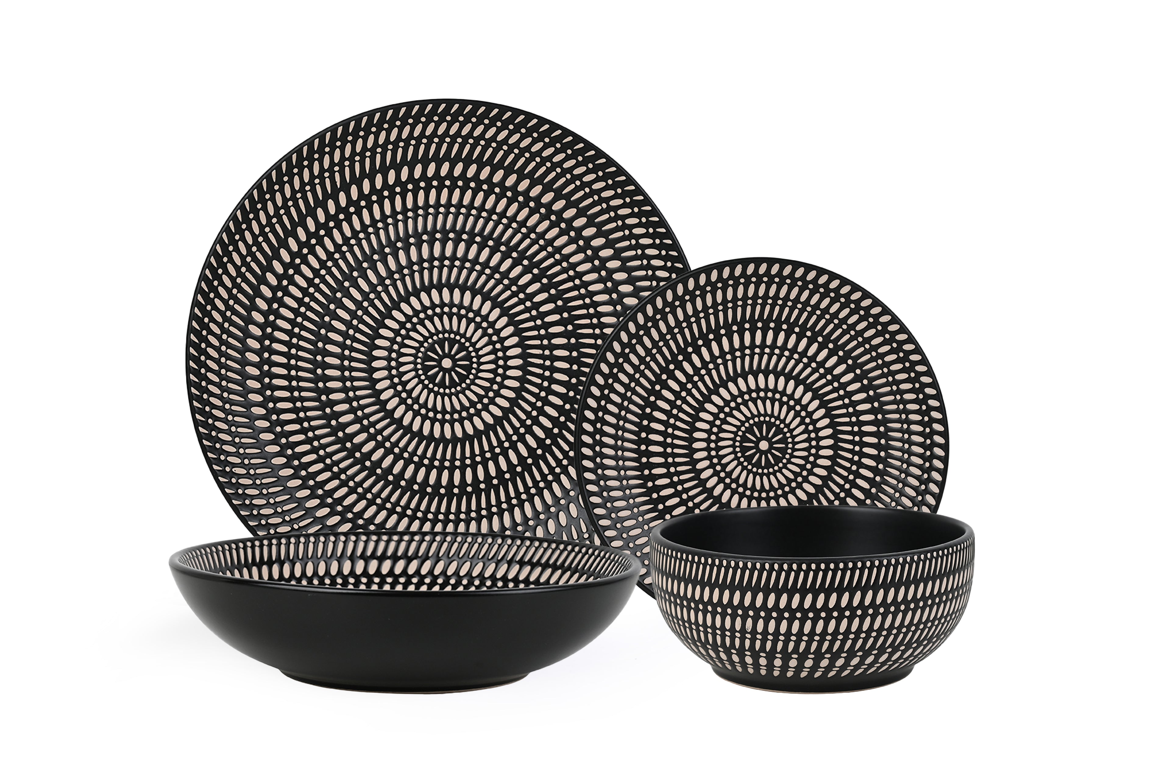 Waterside 16pc Black & Cream Dash Stoneware Dinner Set, 4 Dinner Plates, Side Plates, Deep Bowls and Soup Bowls