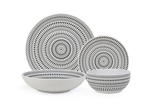 White Pad Print Stoneware Dinner Set, 16 Pieces