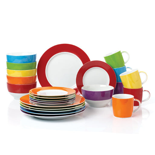Waterside 24pc Rainbow Band Fun Porcelain Dinnerware Set