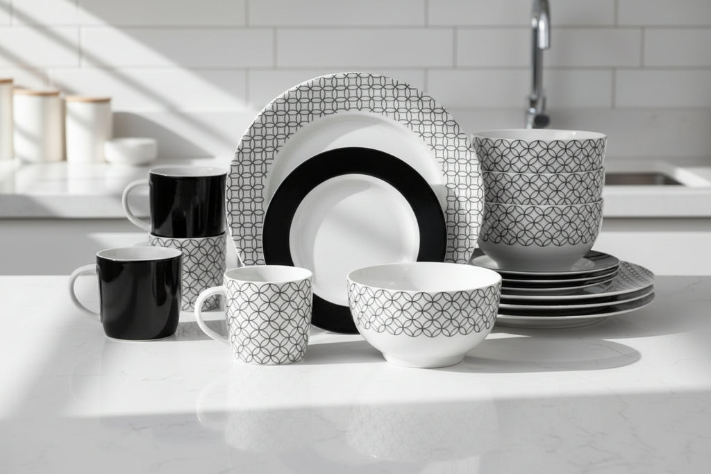 Waterside 16pc Geo Noir Porcelain Dinnerware Set (video attached)