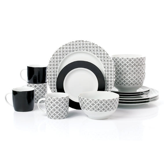 Waterside 16pc Black & White Geo Porcelain Dinnerware Set