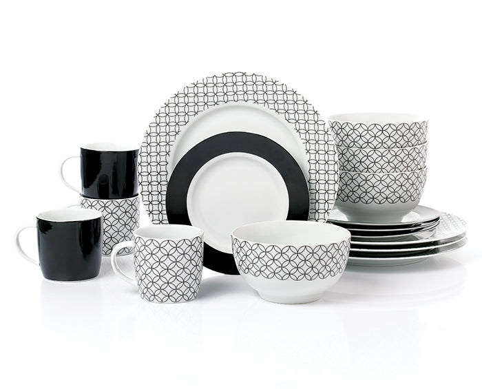 Black & White Geo Porcelain Dinnerware Set, 16 Pieces