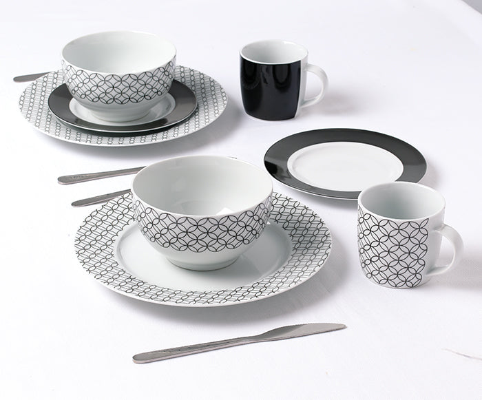 Waterside 16pc Geo Noir Porcelain Dinnerware Set (video attached)