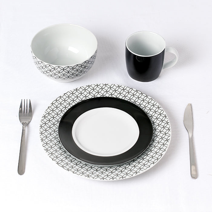 Waterside 16pc Geo Noir Porcelain Dinnerware Set (video attached)
