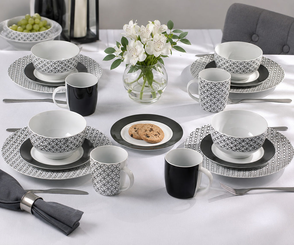 Waterside 16pc Geo Noir Porcelain Dinnerware Set (video attached)