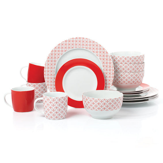 Waterside 16pc Red & White Geo Porcelain Dinnerware Set; 4 Dinner Plates, Side Plates, Deep Bowls & Mugs