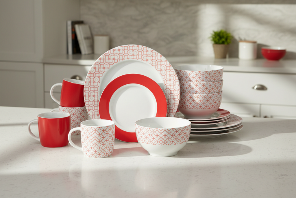 Waterside 16pc Geo Rosso Porcelain Dinnerware Set; 4 Dinner Plates, Side Plates, Deep Bowls & Mugs