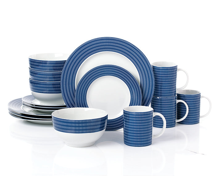 Blue Linear Porcelain Dinnerware Set, 16 Pieces