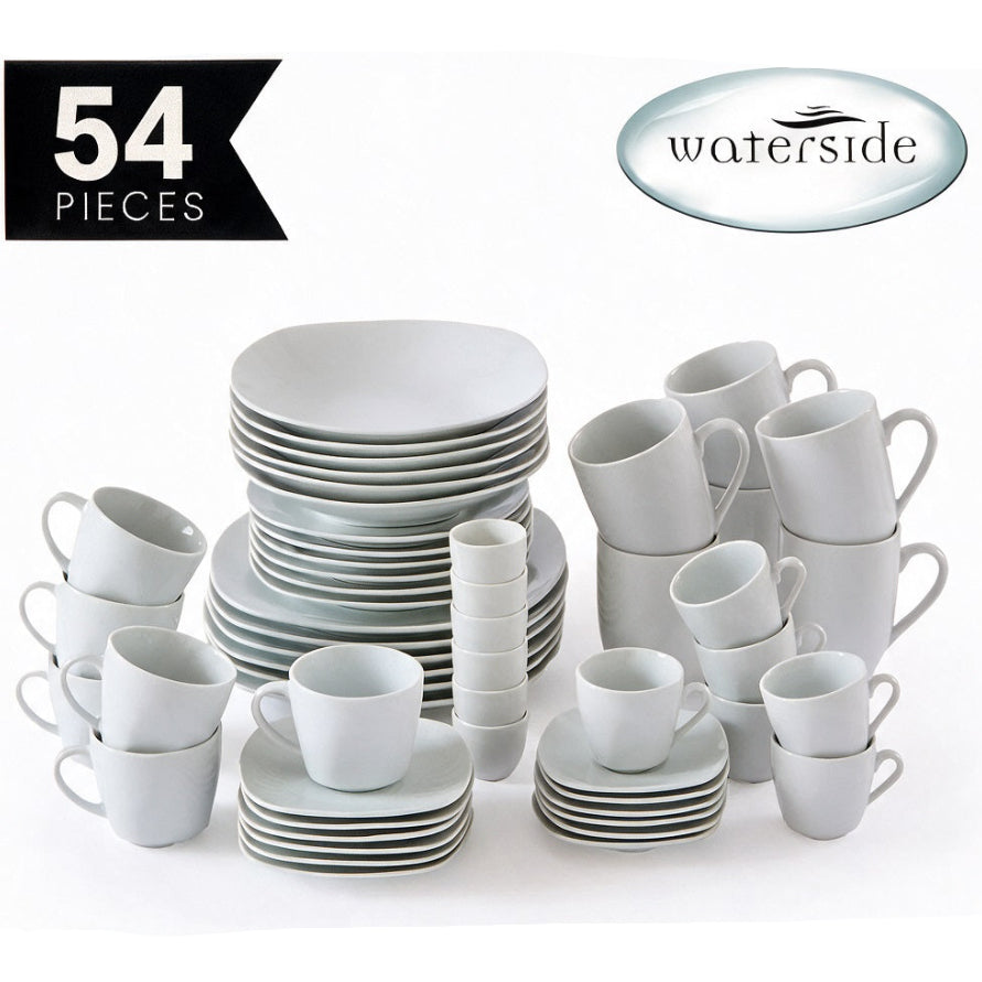 A 54-piece light gray ceramic dinnerware set from Waterside, including plates, cups, mugs, and saucers, arranged on a white background with promotional text overlays.