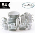 A 54-piece light gray ceramic dinnerware set from Waterside, including plates, cups, mugs, and saucers, arranged on a white background with promotional text overlays.