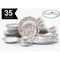 A 35-piece Waterside floral dinnerware set arranged on a white background, featuring plates, bowls, cups, and saucers with a pink, red, and blue floral pattern on a white base. A black banner in the top left reads '35 PIECES' and a silver oval logo in the top right reads 'waterside'.