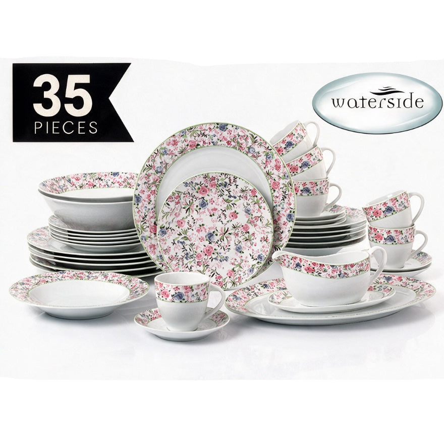 A 35-piece Waterside floral dinnerware set arranged on a white background, featuring plates, bowls, cups, and saucers with a pink, red, and blue floral pattern on a white base. A black banner in the top left reads '35 PIECES' and a silver oval logo in the top right reads 'waterside'.
