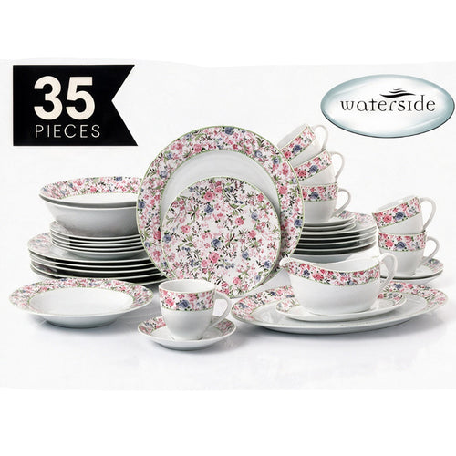 A 35-piece Waterside floral dinnerware set arranged on a white background, featuring plates, bowls, cups, and saucers with a pink, red, and blue floral pattern on a white base. A black banner in the top left reads '35 PIECES' and a silver oval logo in the top right reads 'waterside'.