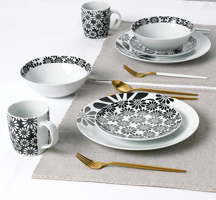 Waterside 16pc Black & White Kira Porcelain Dinnerware Set