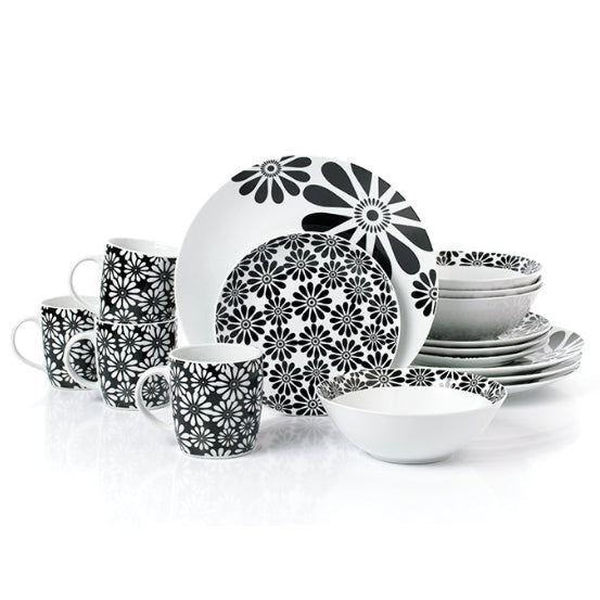 Waterside 16pc Black & White Kira Porcelain Dinnerware Set