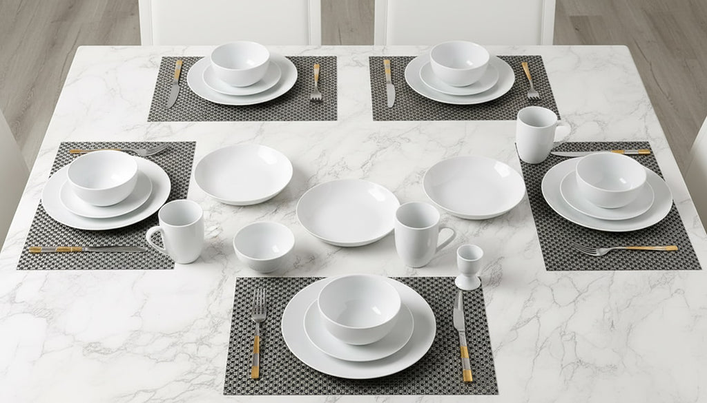 42pc Waterside White Coupe Porcelain Dinnerware Set (video attached)