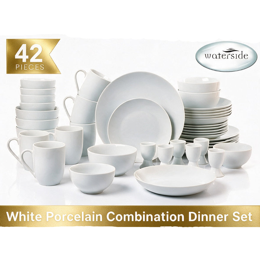 A white porcelain dinner set arranged on a white background, including plates, bowls, cups, and small egg-shaped pieces. A gold banner in the top left says '42 PIECES', and a silver oval logo in the top right says 'waterside'.