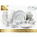 A white porcelain dinner set arranged on a white background, including plates, bowls, cups, and small egg-shaped pieces. A gold banner in the top left says '42 PIECES', and a silver oval logo in the top right says 'waterside'.