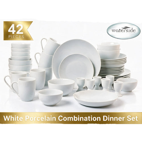 A white porcelain dinner set arranged on a white background, including plates, bowls, cups, and small egg-shaped pieces. A gold banner in the top left says '42 PIECES', and a silver oval logo in the top right says 'waterside'.