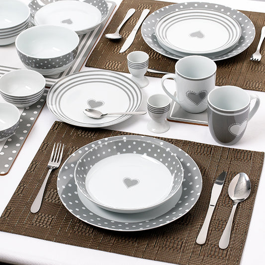 Grey Heart Combination Tableware Set; Porcelain, Placemats and Cutlery, 80 Pieces