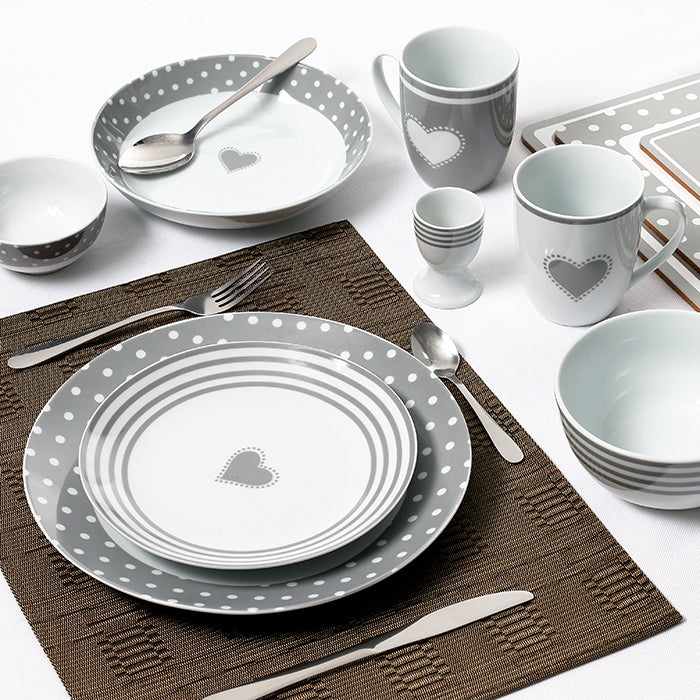 Grey Heart Combination Tableware Set; Porcelain, Placemats and Cutlery, 80 Pieces