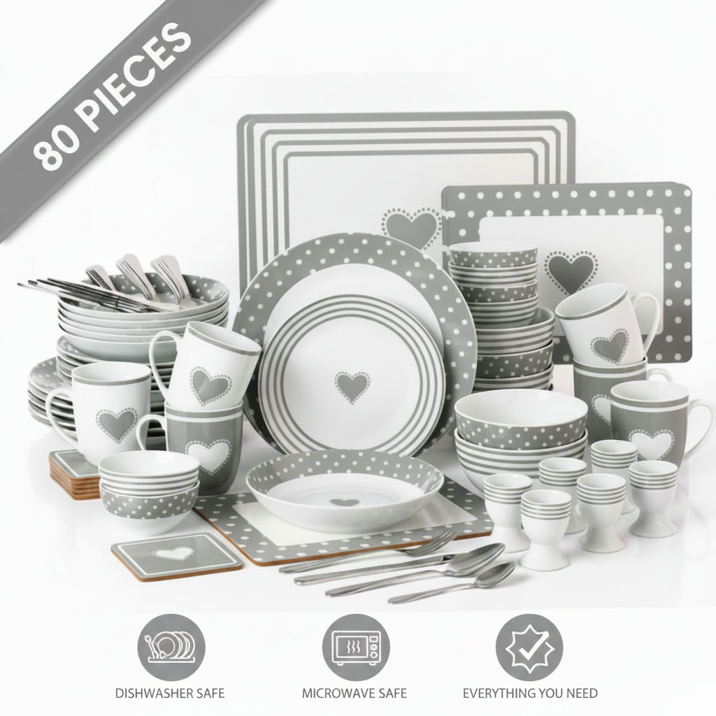 80pc Waterside Grey Heart Combination Tableware Set; Porcelain, Placemats and Cutlery