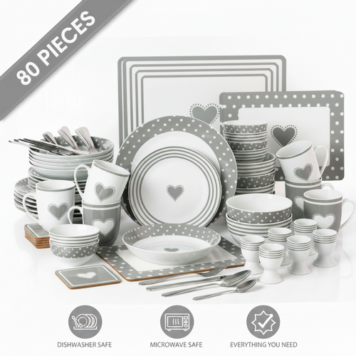 80pc Waterside Grey Heart Combination Tableware Set; Porcelain, Placemats and Cutlery