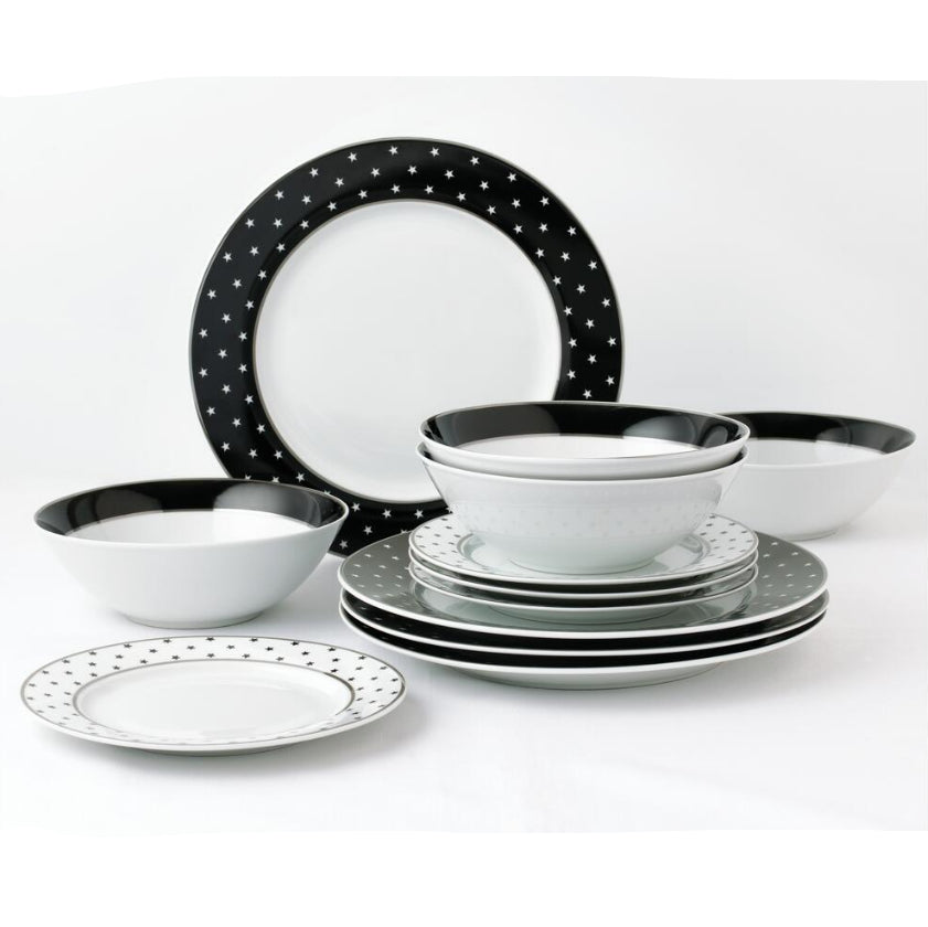 Waterside 12pc Black Star with Platinum Rim Dinner Set