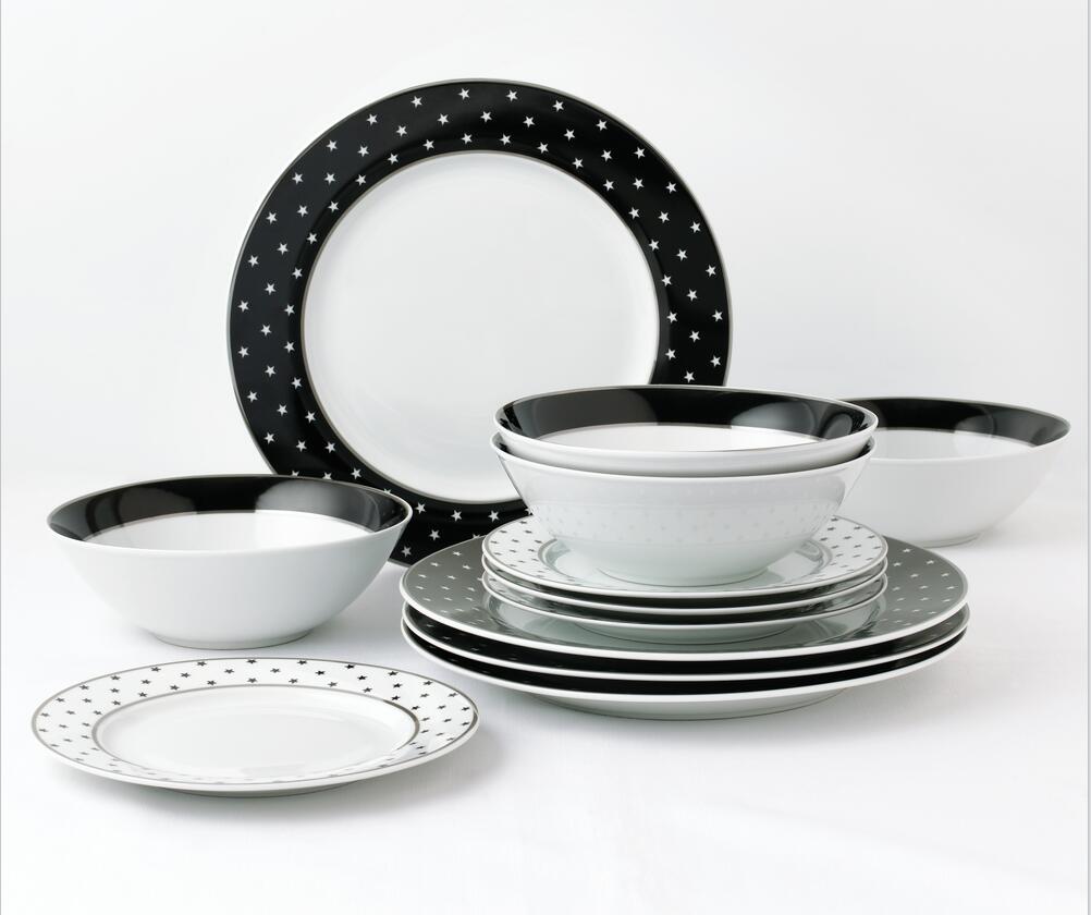 12PC Black Star with Plat Rim Dinner Set